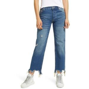 We The Free Women’s Maggie Mid Rise Straight Leg Jeans Raw Hems Blue Size 28